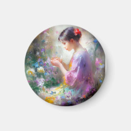 Mädchen bewundert eine Blume in ihren Händen Magnet