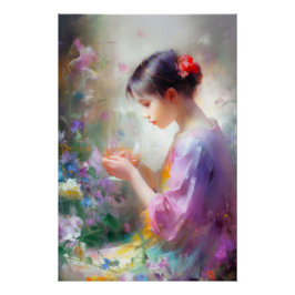 Mädchen bewundert eine Blume in ihren Händen Poster