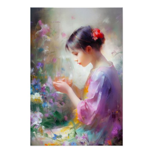 Mädchen bewundert eine Blume in ihren Händen Poster (Vorderseite)