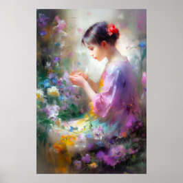 Mädchen bewundert eine Blume in ihren Händen Poster