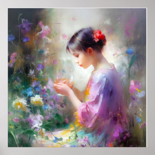Mädchen bewundert eine Blume in ihren Händen Poster (Vorne)