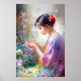 Mädchen bewundert eine Blume in ihren Händen Poster