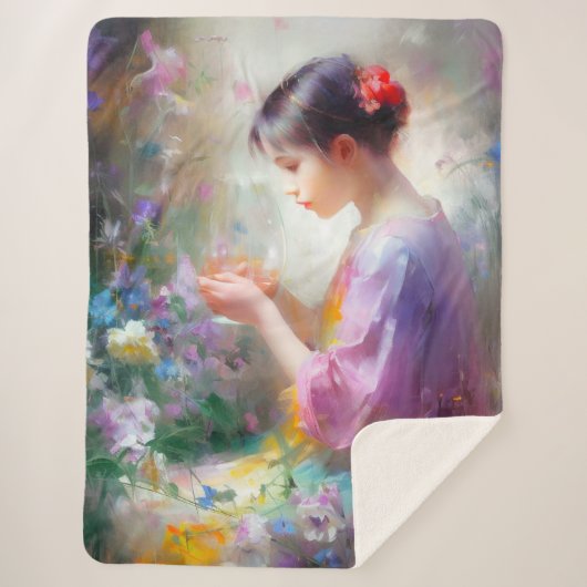 Mädchen bewundert eine Blume in ihren Händen Sherpadecke (Vorderseite)