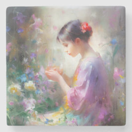 Mädchen bewundert eine Blume in ihren Händen Steinuntersetzer