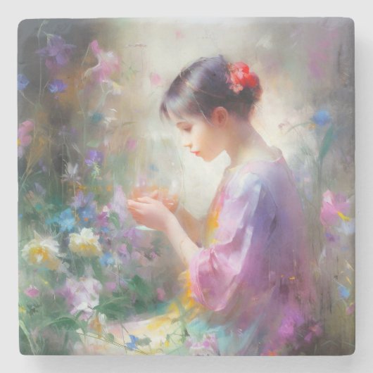 Mädchen bewundert eine Blume in ihren Händen Steinuntersetzer (Vorderseite)