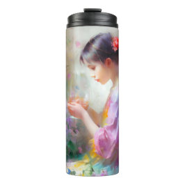 Mädchen bewundert eine Blume in ihren Händen Thermosbecher