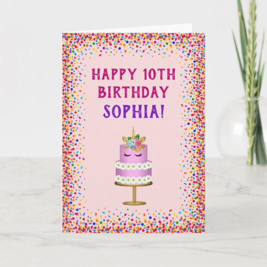 Mädchen Birthday Pink Unicorn Cake Rainbow Confett Karte (Vorderseite)