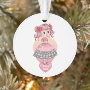 Mädchen bläst rosa Kaugummiblase zum Geburtstag Ornament