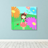 Mädchen, Blume und Ladybug Leinwanddruck (Insitu (Holzboden))