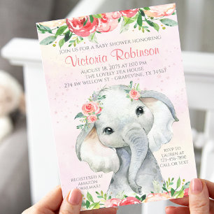 Mädchen Blumen Elefant Baby Shower Einladung