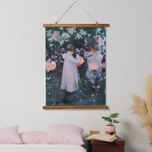 Mädchen Blumen Laternen Klassische Vintage-Fine-Ar Wandteppich Mit Holzrahmen