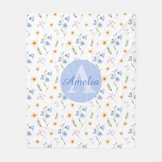 Mädchen Blumenmuster Monogramm Name Kinderdecke Fleecedecke (Vorderseite)