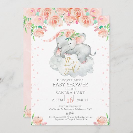 Mädchen Blumenschläfer Elephant Babydusche Einladung (Vorne/Hinten)
