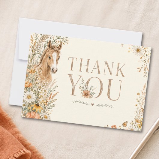 Mädchen Boho Orange Wildblumen Pferd Geburtstag Dankeskarte