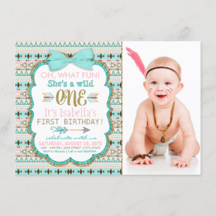 Mädchen Boho Stammes- erstes 1. Geburtstags-Party Einladung