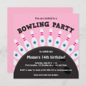 Mädchen-Bowlings-Party laden mit Buttonen, rosa Einladung (Vorne/Hinten)