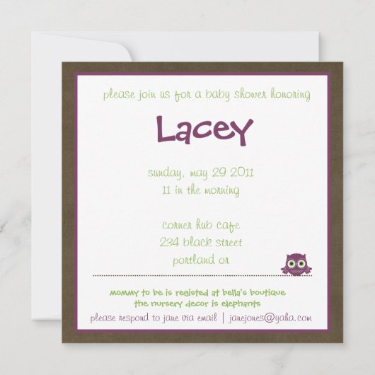 Mädchen >> Braun der Eulen-Baby-Dusche |, grün u. Einladung (Rückseite)