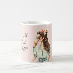 Mädchen Braune Haare Pfirsichschleife Eiscreme Tüt Kaffeetasse