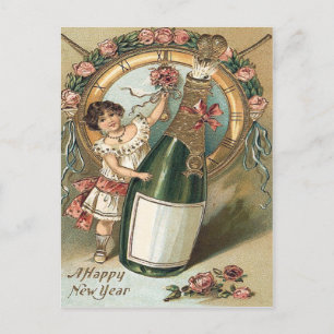 Mädchen Champagnerflasche Rose Uhr Postkarte