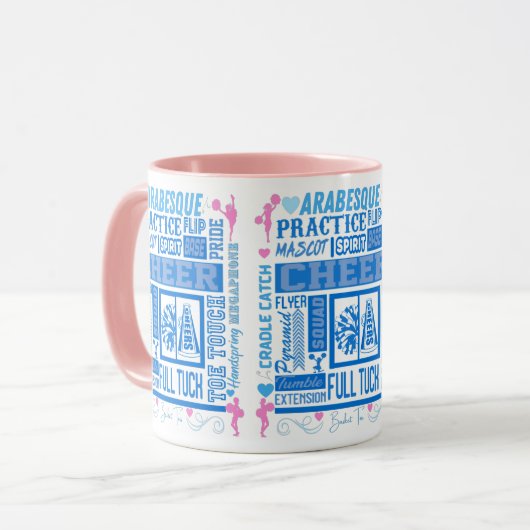 Mädchen Cheerleader Typografie in Blau und Rosa Tasse (Vorderseite Links)