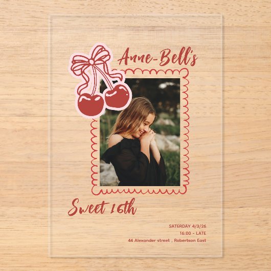 Mädchen Cherry Sweet 16. Geburtstagseinladung Acryleinladungen (Vorderseite)