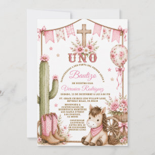 Mädchen Cowboy Spanisch Uno Taufe & 1. Geburtstag Einladung