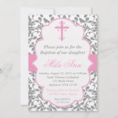 Mädchen-Damast-Taufe-rosa und graue Einladung (Vorderseite)