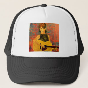 Mädchen, das Akustikgitarre spielt Truckerkappe