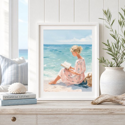 Mädchen, das am Meer liest, Kunstprint Poster