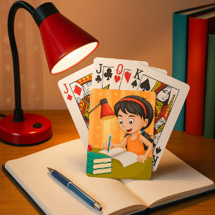 Mädchen, das am Schreibtisch Hausaufgaben macht Spielkarten