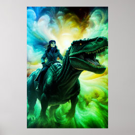 Mädchen, das auf einem Dinosaurier reitet für Erwa Poster