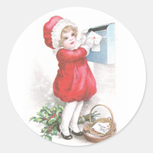 Mädchen, das Briefe aufgibt, vintage Weihnachten Runder Aufkleber