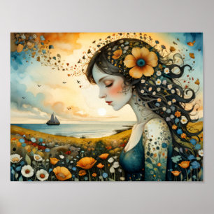 Mädchen, das davon träumt, auf einem Blumenmeer we Poster