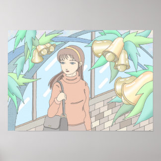 Mädchen, das dem Klang der Glocken lauscht. Poster