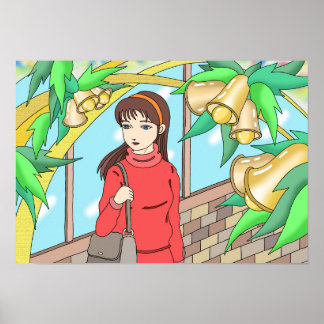 Mädchen, das dem Klang der Glocken lauscht. Poster