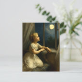 Mädchen, das durch das Fenster einen Vollmond betr Postkarte (Stehend Vorderseite)