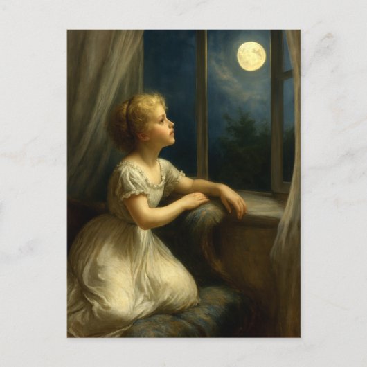 Mädchen, das durch das Fenster einen Vollmond betr Postkarte (Vorderseite)