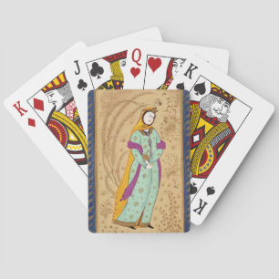 Mädchen, das ein Weinschiff und eine Birne hält, a Spielkarten
