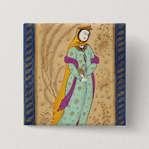 Mädchen, das ein Weinschiff und eine Birne, vom L Button