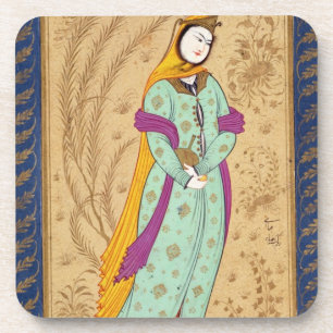 Mädchen, das ein Weinschiff und eine Birne, vom L Getränkeuntersetzer