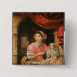 Mädchen, das eine Puppe in einem Innenraum hält Button