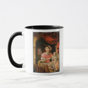 Mädchen, das eine Puppe in einem Innenraum hält Tasse
