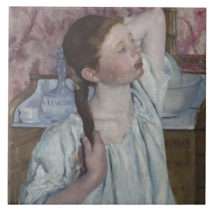 Mädchen, das ihr Haar, 1886 (Öl, vereinbart auf Fliese
