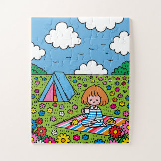 Mädchen, das in einem weiten Feld mit Wildblumen c Puzzle