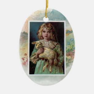 Mädchen, das Lamm viktorianisches Ostern schaukel Keramik Ornament