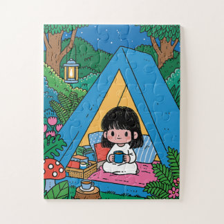 Mädchen, das nachts in einem gemütlichen Zelt camp Puzzle