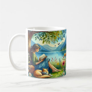 Mädchen, das unter einem Baum mit einer schlafende Kaffeetasse