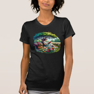 Mädchen, das unter einem Baum sitzt und von Blumen T-Shirt
