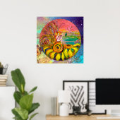 MÄDCHEN DER SONNENBLUMEN Gelb-orange-rosa Funkeln Poster (Heimbüro)