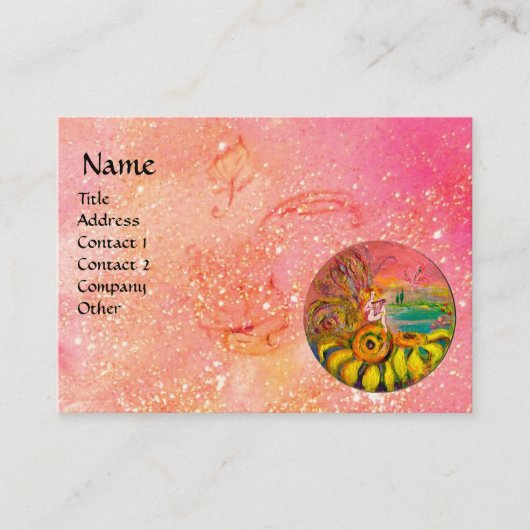 MÄDCHEN DER SONNENBLUMEN, gelb-rosa Glitzern Visitenkarte (Vorderseite)